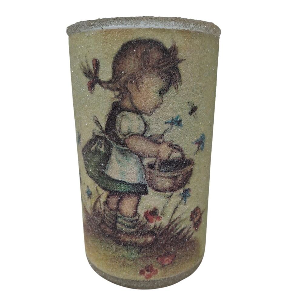 Vintage Evans Short Column Sparkle Glass Girl W Basket 5" Tall Candle Holder